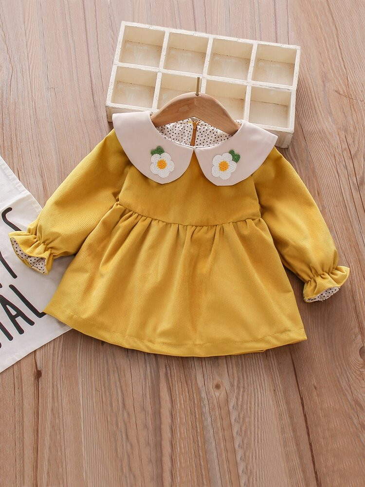 Baby Floral Patched Peter Pan Collar Flounce Sleeve Corduroy Dress | SHEIN