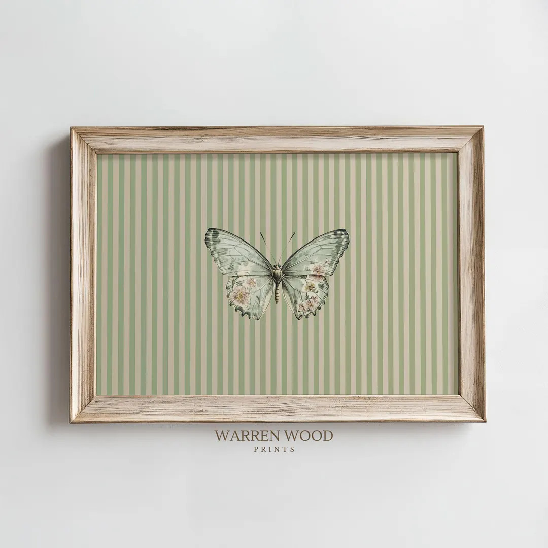 Vintage Butterfly Print, Sage Green Striped Wall Art, Neutral Floral Insect Decor, Cottagecore Bu... | Etsy (US)