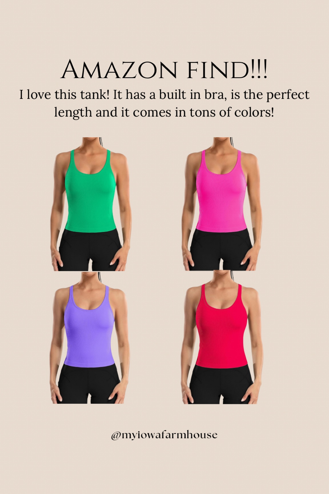 I love this tank top from Amazon. It’s super affordable, has a built-in bra and comes in tons of colors. I also love the length of it.
Lulu dupe. Workout tank. 

#LTKStyleTip #LTKActive #LTKFitness