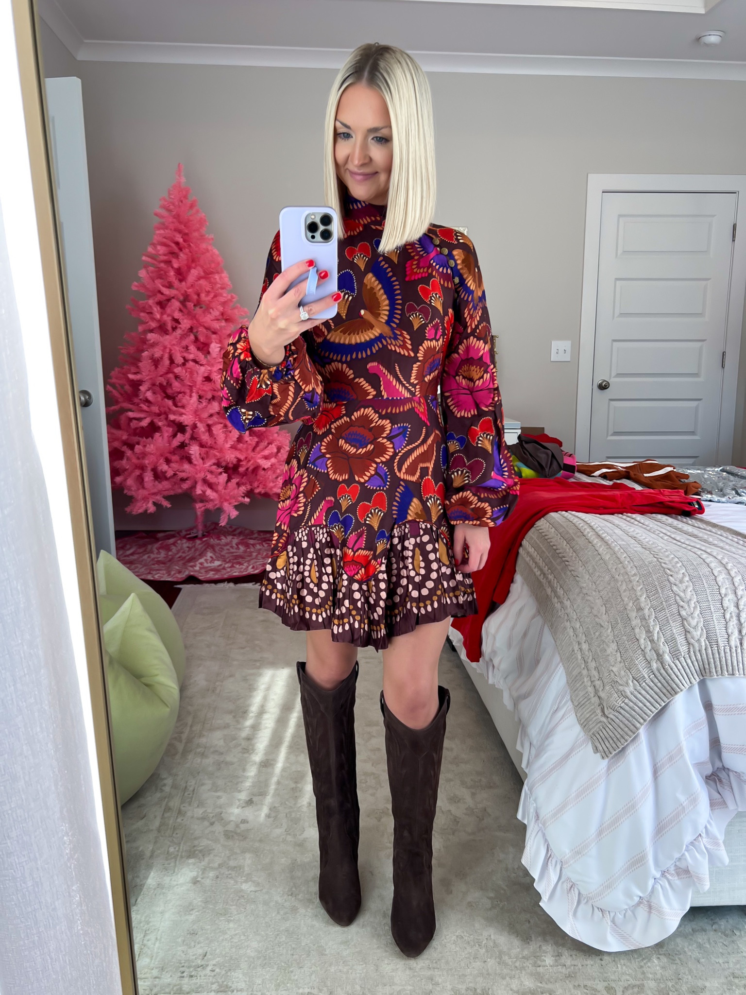 Satin floral long sleeve mini dress is 25% off!!! Size: XS 
Rolly knee high boot still 50% off / chocolate brown knee high boots 
Size: 7 (TTS) 

#LTKHoliday #LTKshoecrush #LTKsalealert