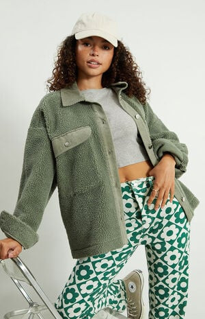 LA Hearts Sage Sherpa Corduroy Trim Shacket | PacSun