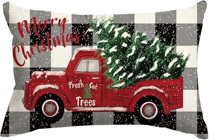 RABUSOFA Christmas Pillow Covers 12x20 Black and White Buffalo Plaid Red Truck Christmas Decorati... | Amazon (US)
