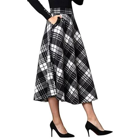 Womens High Elastic Waist Maxi Skirt A-line Plaid Winter Warm Flare Long Skirt | Walmart (US)