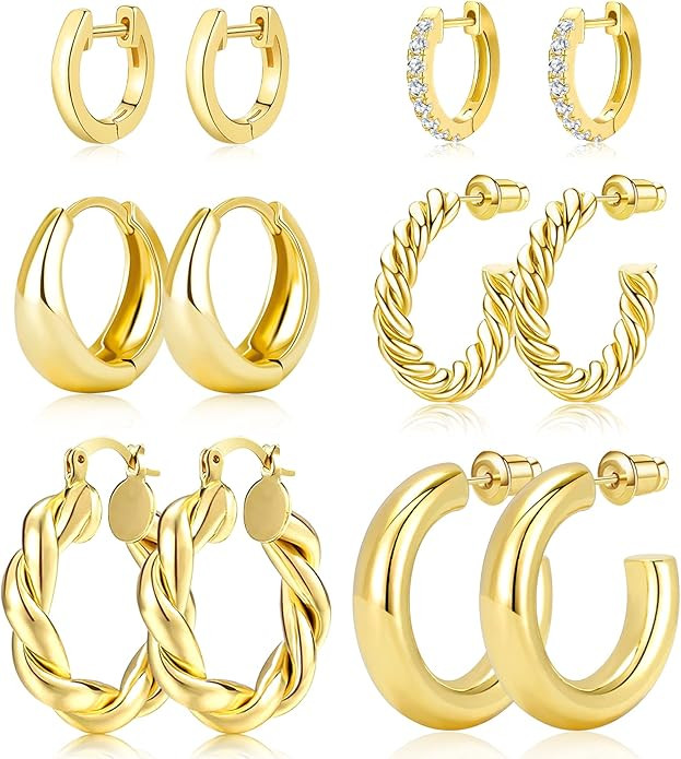 Adoyi Gold Hoop Earrings, Small Gold Hoops Earrings Chunky Huggie Hoop Earrings Set for Women 14K... | Amazon (US)