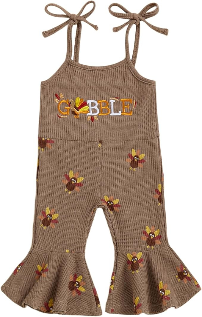 Toddler Girl Thanksgiving Outfit Tie Shoulder Turkey Pattern Jumpsuit Romper One Piece Bell Botto... | Amazon (US)