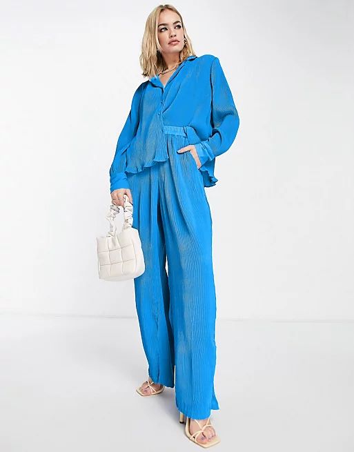 Vero Moda plisse shirt and pants set in blue | ASOS | ASOS (Global)