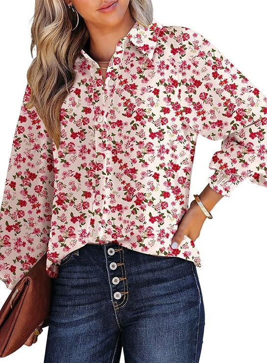 Dokotoo Women's Casual V Neck Allover Floral Print Long Sleeve Chiffon Button Down Blouses Bohemi... | Amazon (US)