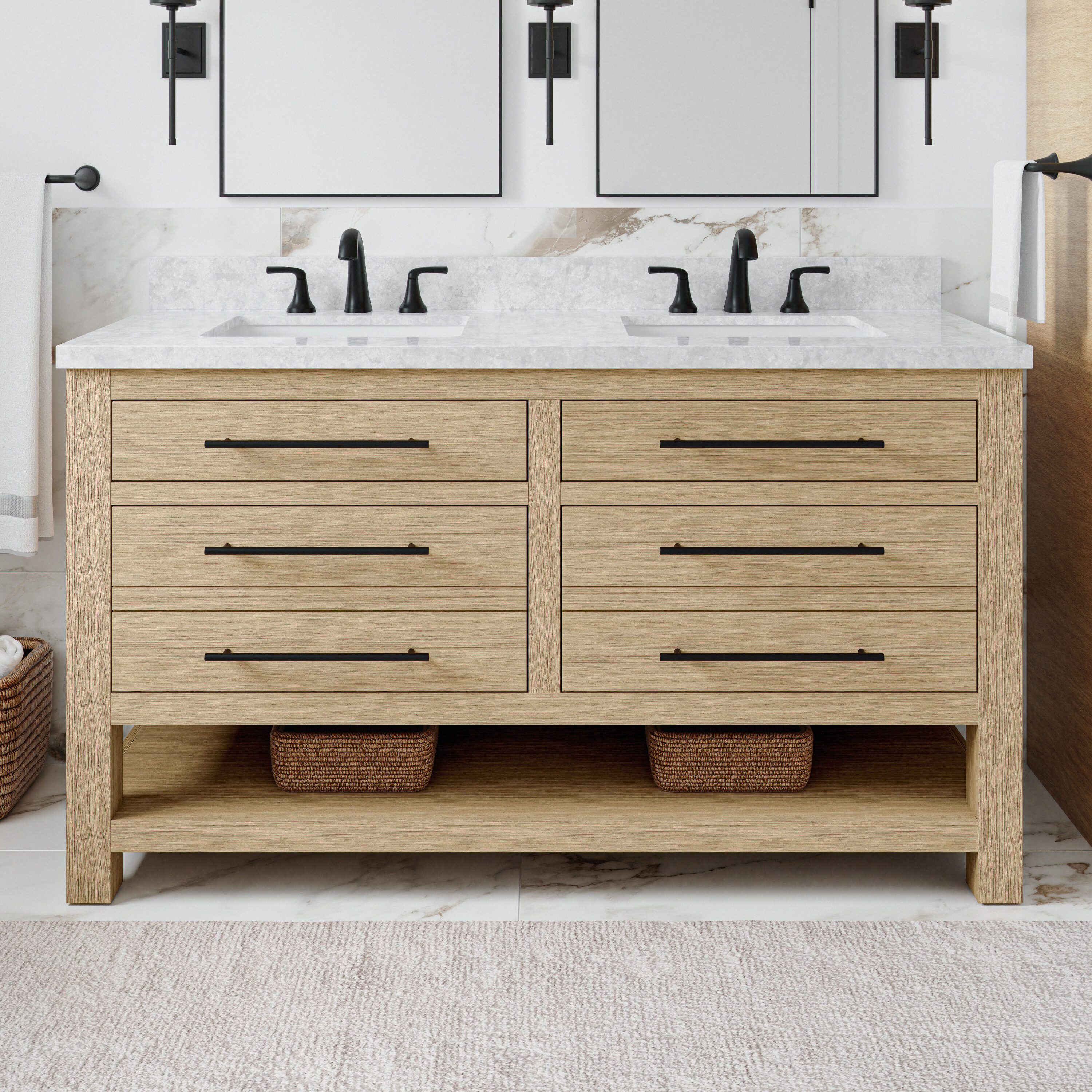 allen + roth Kennilton 60-in Light Oak Undermount Double Sink Bathroom Vanity with White Veined E... | Lowe's