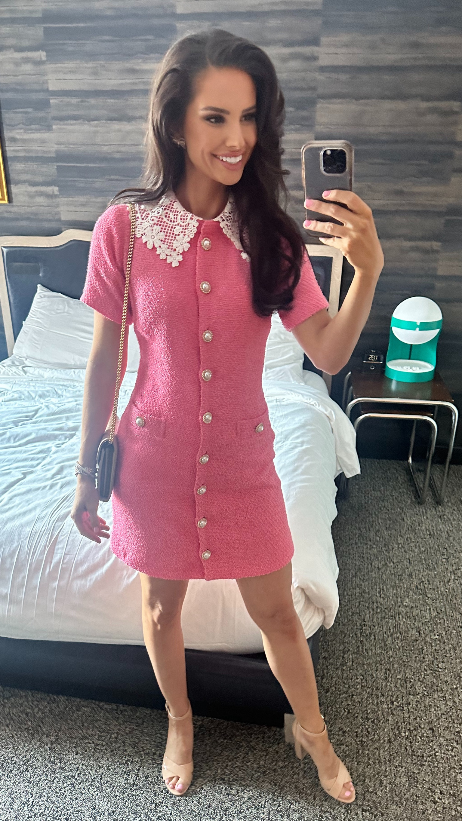 Collared pink tweed dress with rhinestone pearl buttons. Wore this to my soon-to-be sister-in-law’s bridal shower tea party. Perfect dress for the occasion! I’m wearing size 2 for reference. Couldn’t find my exact pearl bow earrings from Anthropologie, but I linked several that are similar. 

#LTKWedding #LTKFindsUnder100 #LTKStyleTip