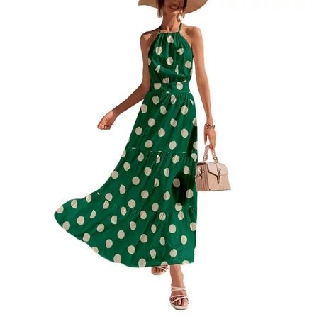 Grianlook Ladies Backless Halter Neck Slip Long Dress Swing Polka Dots Summer Beach Sundress Party R | Walmart (US)