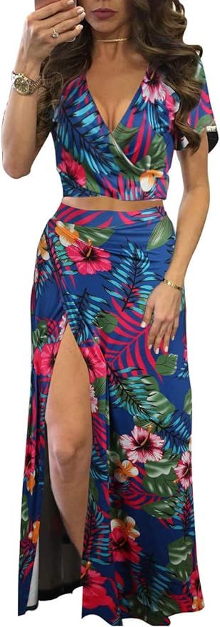 Aro Lora Women's Sexy V Neck Floral Printed Side Slit Two-Piece Maxi Dress | Amazon (US)