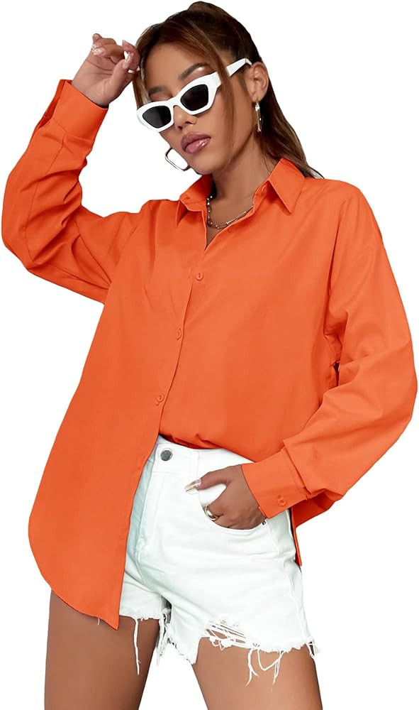 MakeMeChic Women's Oversized Button Down Shirts Collared Button Up Shirt Blouse Top | Amazon (US)