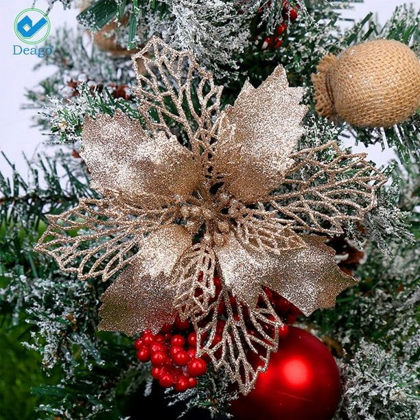 Deago Set of 6 Pcs Christmas Poinsettia Flowers Ornaments Glitter Floral Accessories Xmas Wreath ... | Walmart (US)