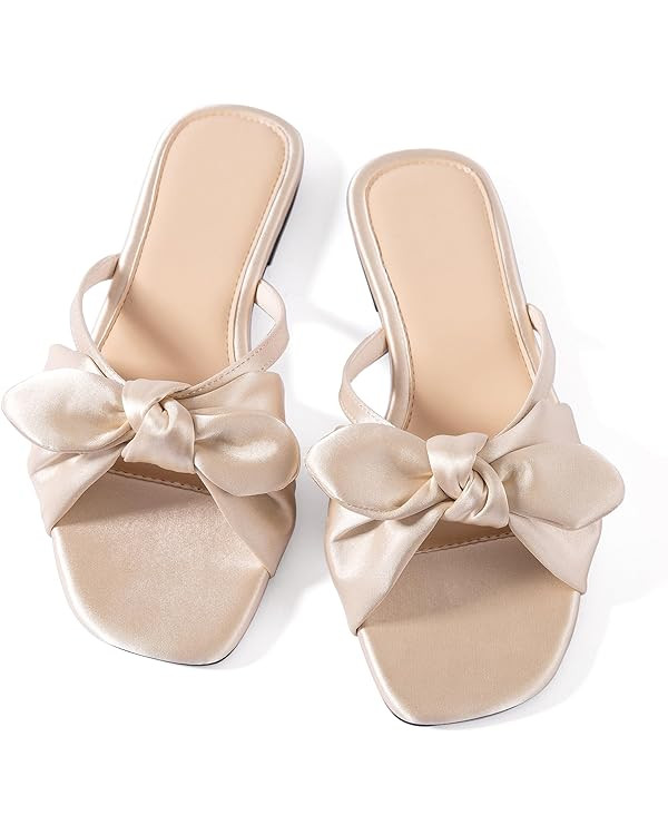 Mtzyoa Women Flat Sandals Bow Satin Ladies Summer Dressy Casual Vacation Bohemian Cute Leather Fa... | Amazon (US)