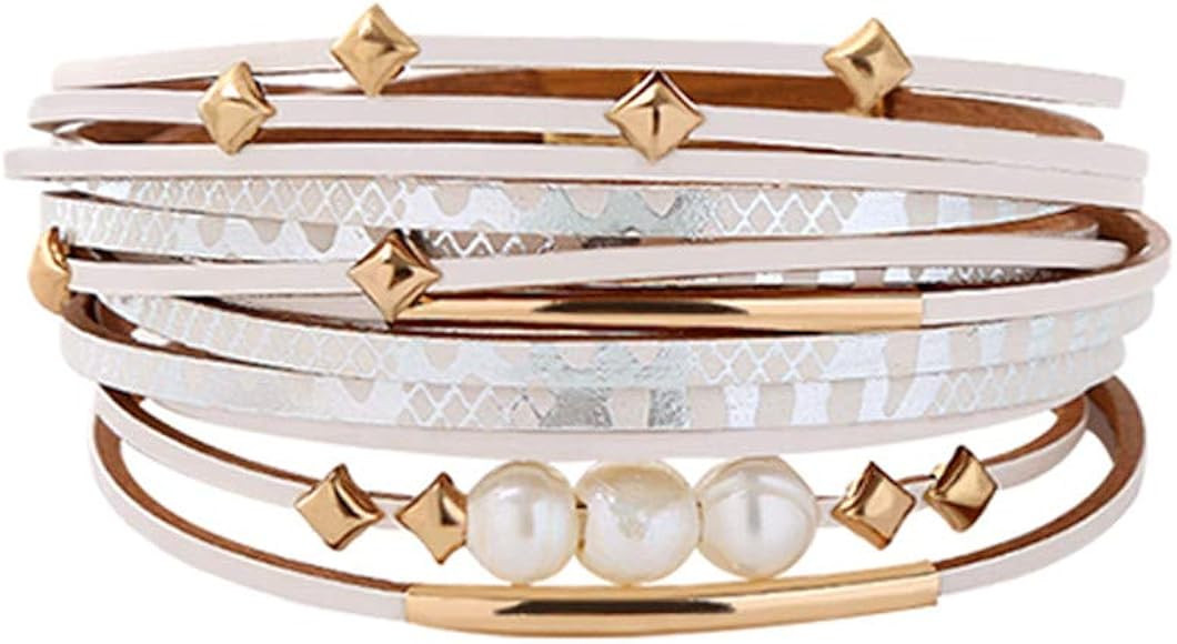 Artilady Leather Wrap Bracelet for Women - Handmade Clasp Bangle Bracelet with Pearl Druzy Crysta... | Amazon (US)