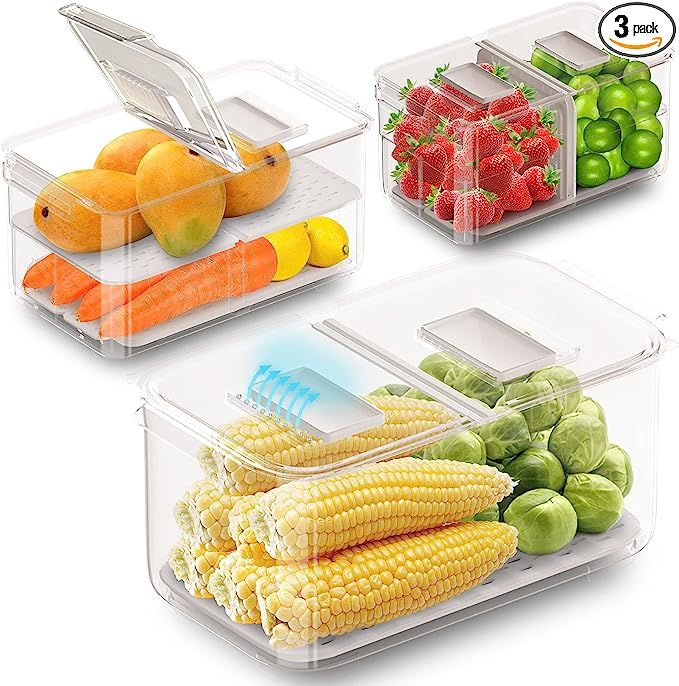 WAVELUX Produce Saver Containers for Refrigerator, Food Fruit Vegetables storage, 3 Pcs Stackable... | Amazon (US)