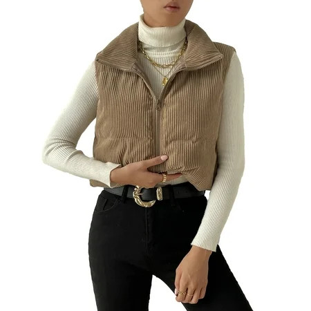 LWXQWDS Women s Winter Corduroy Cropped Puffer Vest Crop Jackets Full Zip Stand Collar Padded Puffer Jacket Outerwear Vests | Walmart (US)