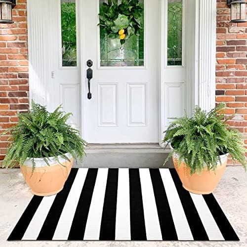 KOZYFLY Black and White Striped Rug | 35.4 x 59 Inches | Black Area Rug Cotton Hand-Woven Washable O | Amazon (US)