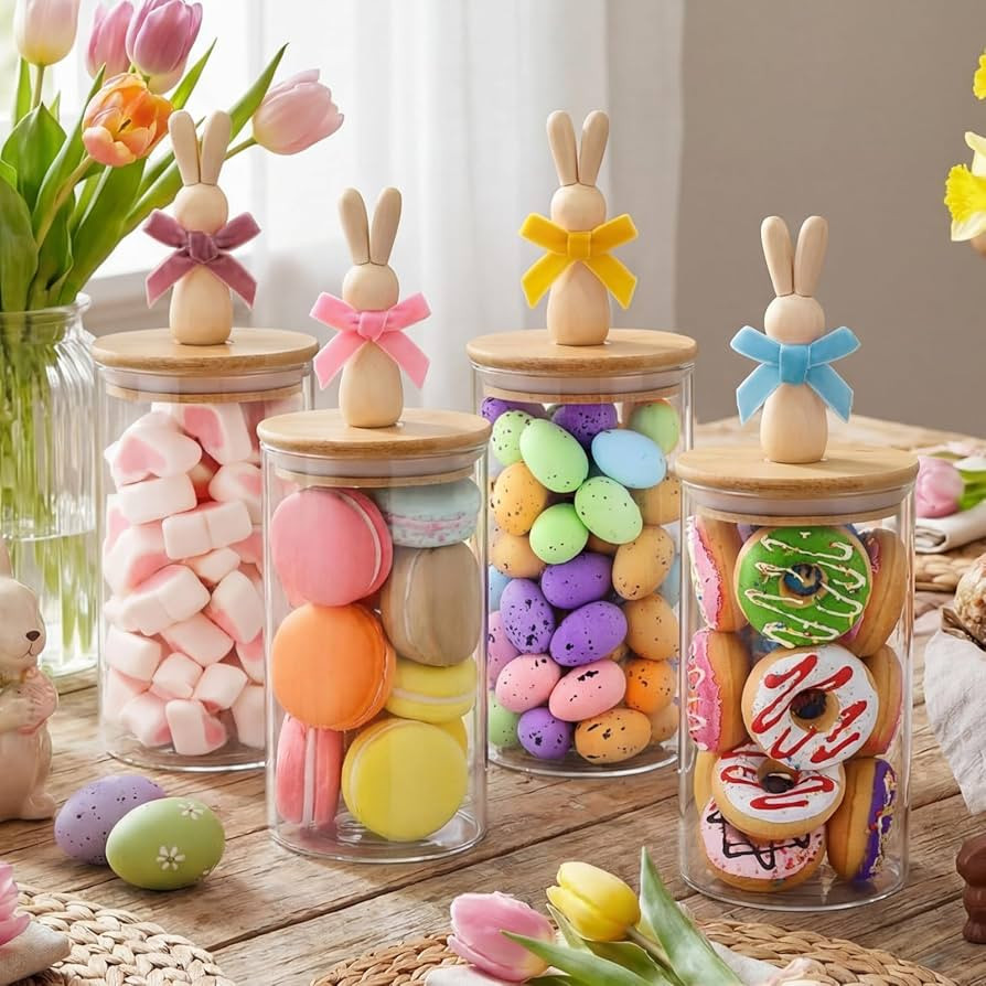 Nitial 4 Pcs Easter Glass Jar with Cap Bunny Ear Egg Clear Candy Jar Decorative Food Storage Cani... | Amazon (US)