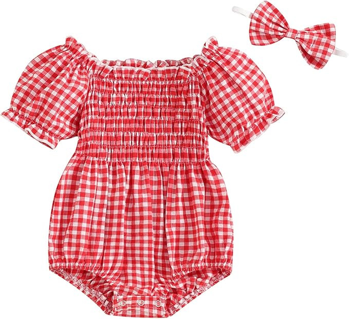 Newborn Baby Girl Summer Clothes Short Puff Sleeve Plaid Bubble Romper Smocked Frill Bodysuit wit... | Amazon (US)