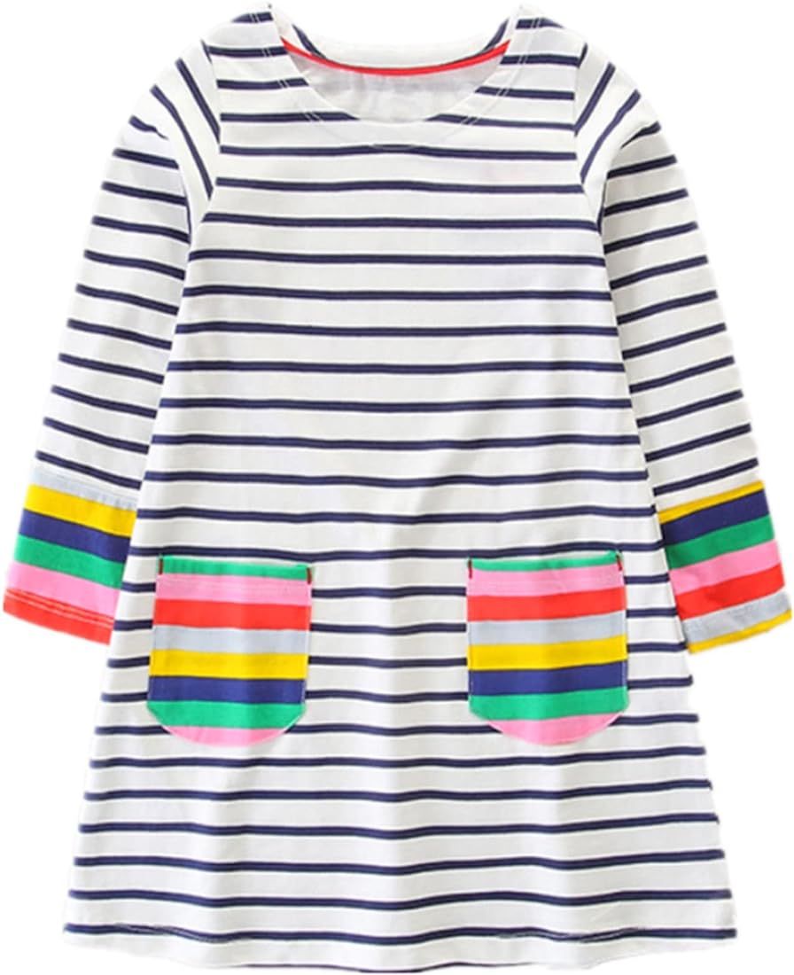 Toddler Girl Long Sleeve Dress Stripe Rainbow Christmas Cotton Casual Tunic Playwear Basic Shirt Par | Amazon (US)