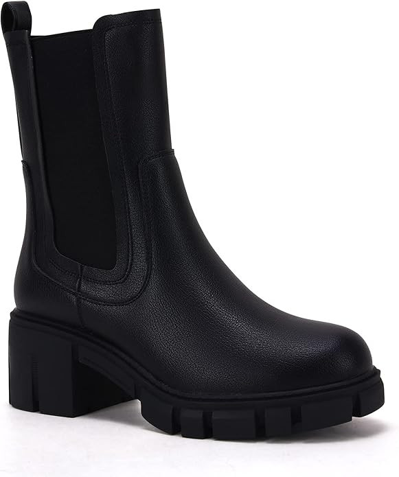 TINSTREE Women's Lug Sole Platform Boots Mid Calf Elastic Chunky Block Heel Leather Chelsea Booti... | Amazon (US)