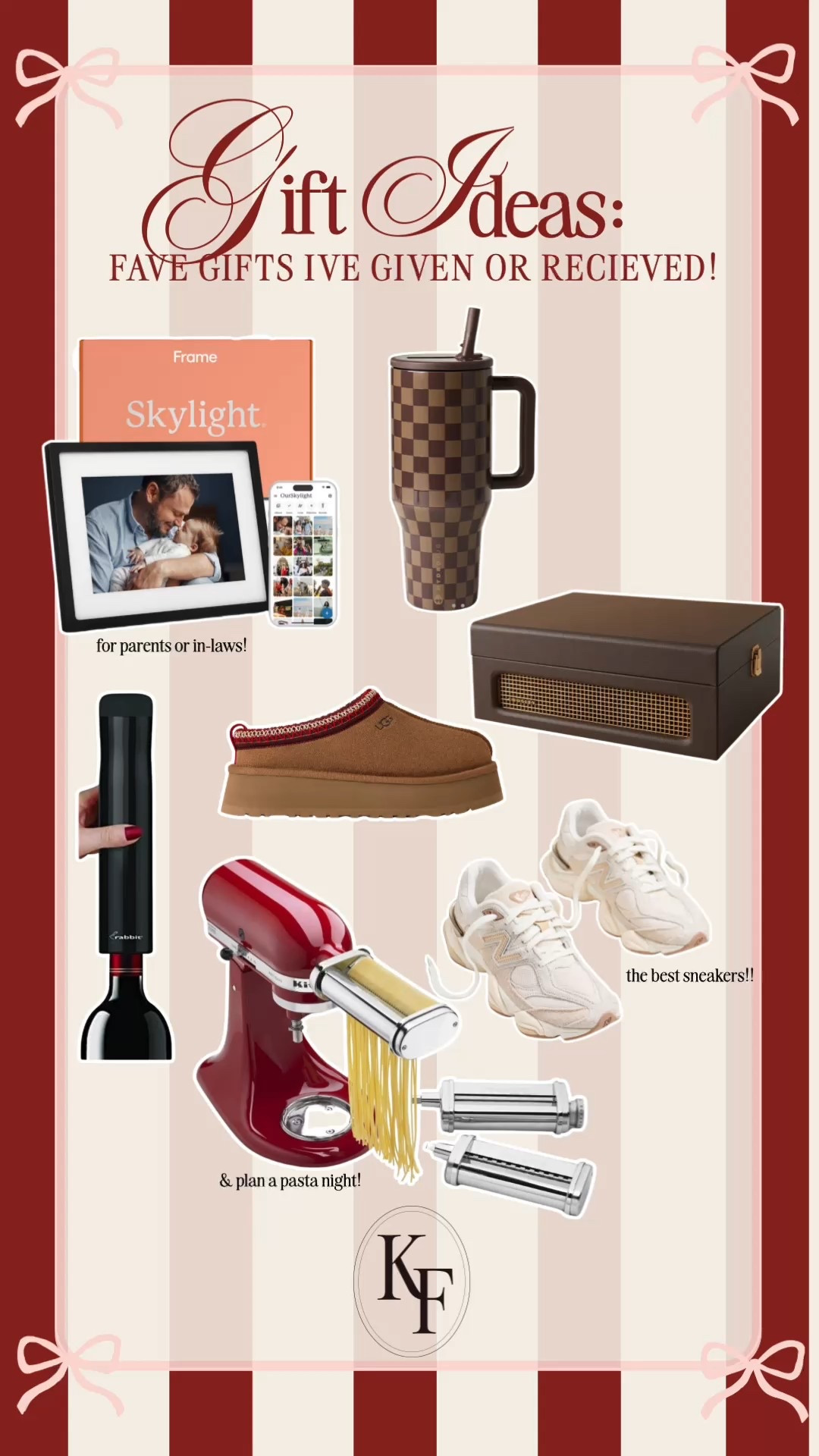 Gift ideas for anyone on your list! These are some of my favorite gifts I’ve given or received!

Including my favorite new balance sneakers, our automatic wine opener, our vintage style vinyl, record player, my favorite leakproof, water bottle, my favorite UGG tazz, slippers, and our pasta attachment for our KitchenAid (plan a pasta night with it!). We also gifted my mom this digital photo frame for her house this year and we can all upload pictures of our pets and the grandkids to it, she loves it!

#LTKGiftGuide #LTKFindsUnder100 #LTKHoliday