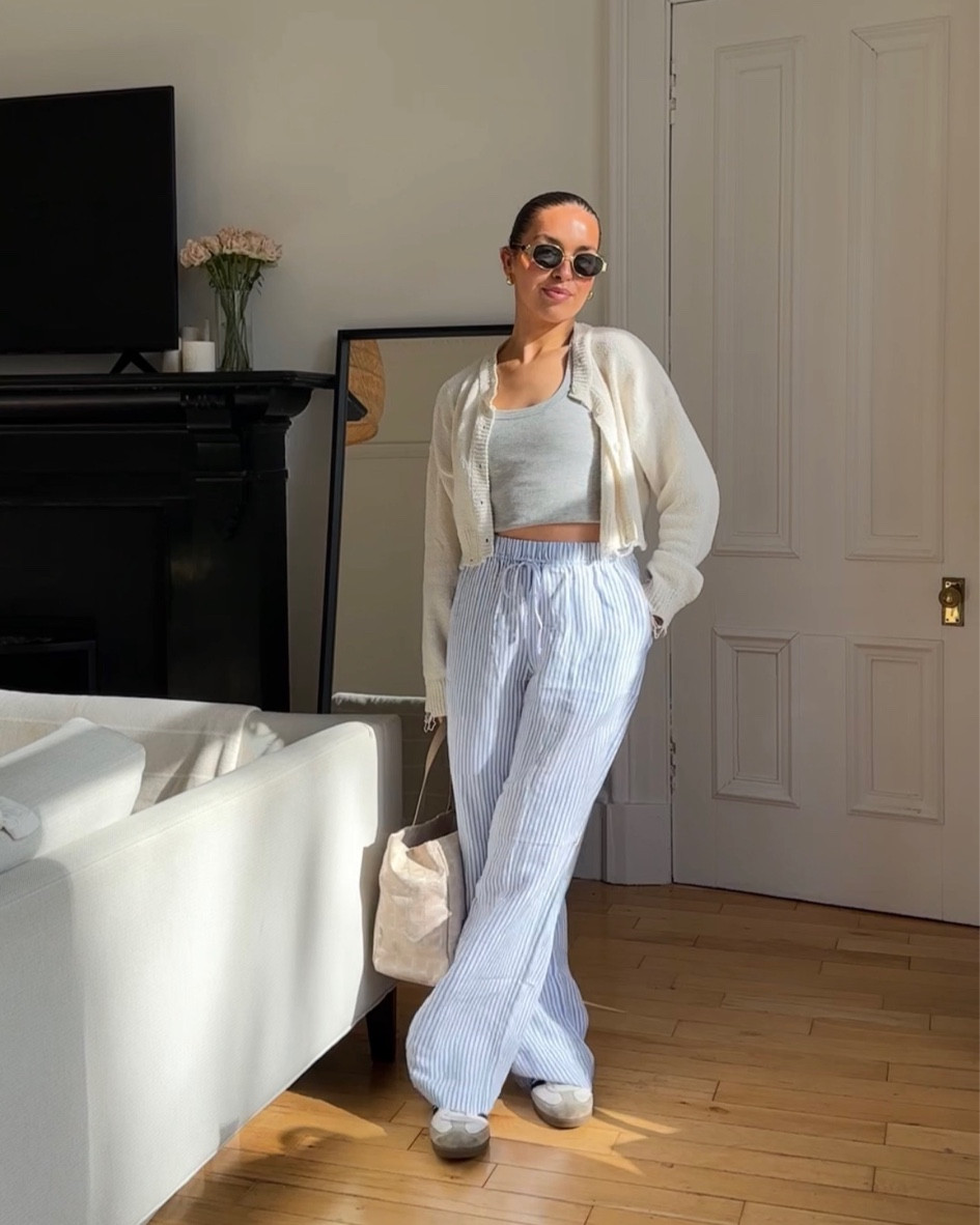 Blue stripe linen trousers cardigan spring atyle

#LTKSeasonal