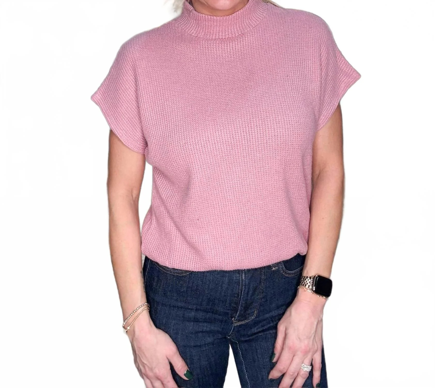 Mock Neck Short Sleeve Sweater In Rose | Shop Simon