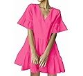 FANCYINN Women’s V Neck Cute Shift Dress with Pockets Bell Sleeve Ruffle Hem Loose Swing Summer... | Amazon (US)