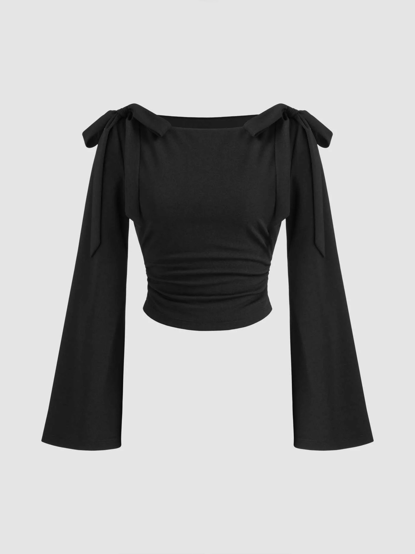 Boat Neck Bowknot Ruched Long Sleeve Top | Cider