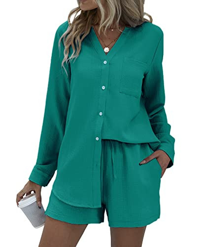Ekouaer Womens Lounge Sets Vacation Outfits Button Up Lounge Sets Loose Fit Outside Lounge Wear Set with Pockets Blue,Small | Amazon (US)