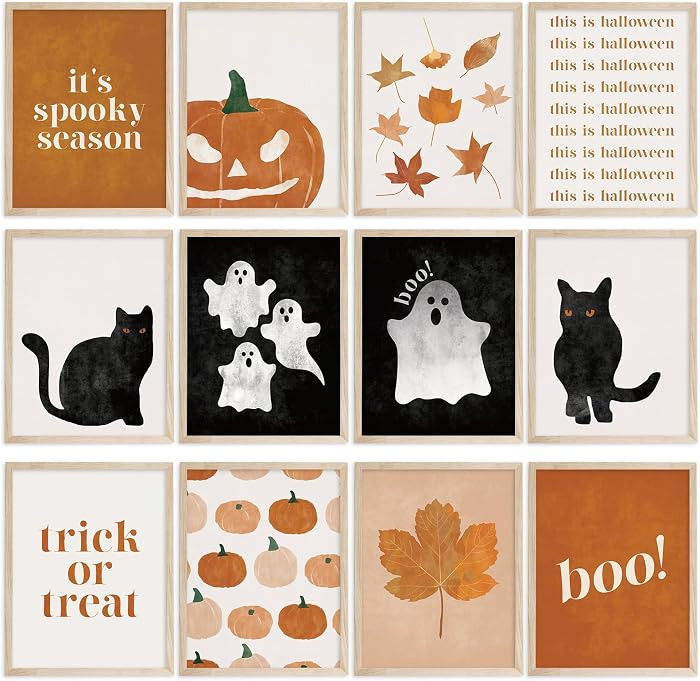 JarThenaAMCS 12Pcs Halloween Wall Art Prints Boho Ghost Pumpkin Black Cat Art Poster Black Orange... | Amazon (US)