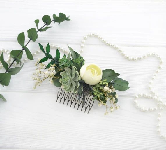 Succulent hair piece Thistle headpiece Ivory flower comb Greenery hair piece Flower hair piece fo... | Etsy (US)