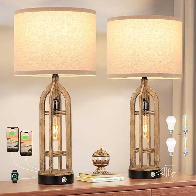Seealle Table Lamp for Living Room Set of 2 - Wood-Like Bedside Lamp for Bedroom with USB C+A & O... | Amazon (US)