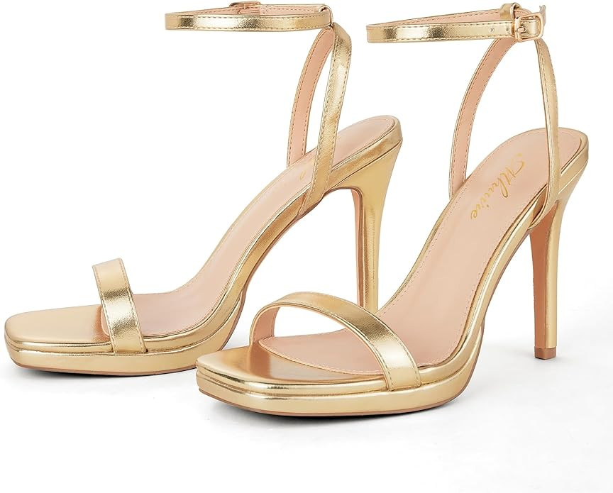 Women’s Stiletto Strappy Heeled Sandals, 4.3 Inch Square Open Toe Sexy High Heels Ankle Strap B... | Amazon (US)