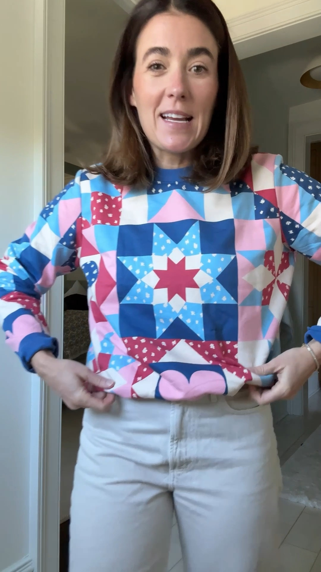 Cute sweatshirt! Wearing a small