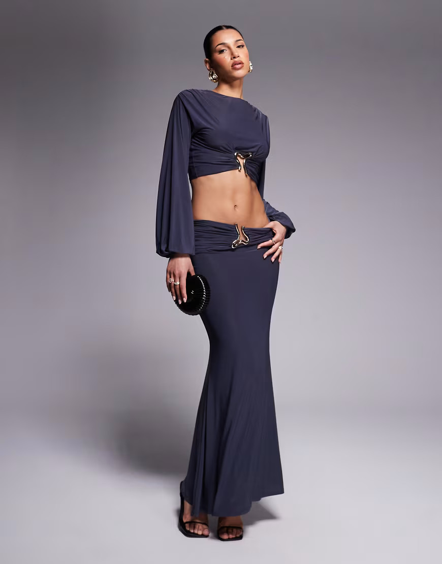 ASOS DESIGN co-ord drape maxi skirt with gold detail in dark grey | ASOS (Global)