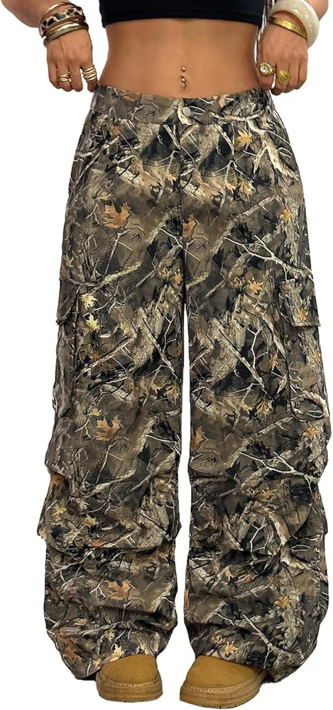 OYOANGLE Women's Camo Print Baggy Cargo Pants Elastic Waist Flap Pocket Straight Leg Trousers Str... | Amazon (US)