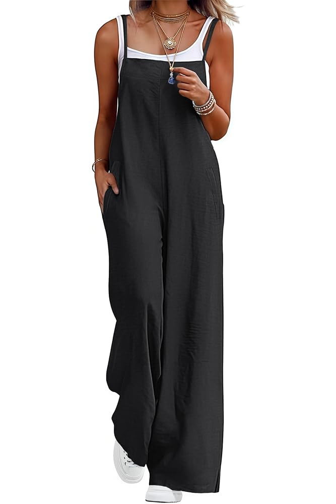 Lepunuo Womens Casual Loose Jumpsuits Summer Boho Wide Leg Rompers Sleeveless Overalls with Pocke... | Amazon (US)