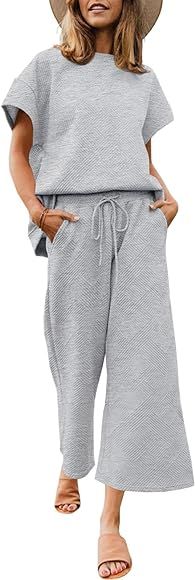 Fazortev Women's 2 Piece Outfits Round Neck Short Sleeve Loose Pajamas Loungewear Pocket Set | Amazon (US)