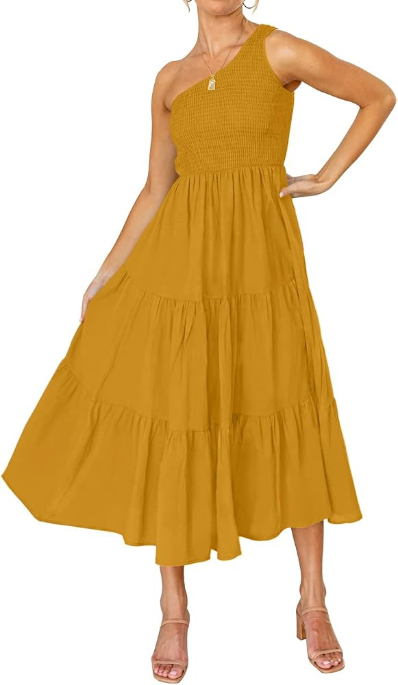 ZCSIA Women's 2023 Summer Boho One Shoulder Sleeveless Solid Color Ruffle Beach Party Tiered Midi... | Amazon (US)