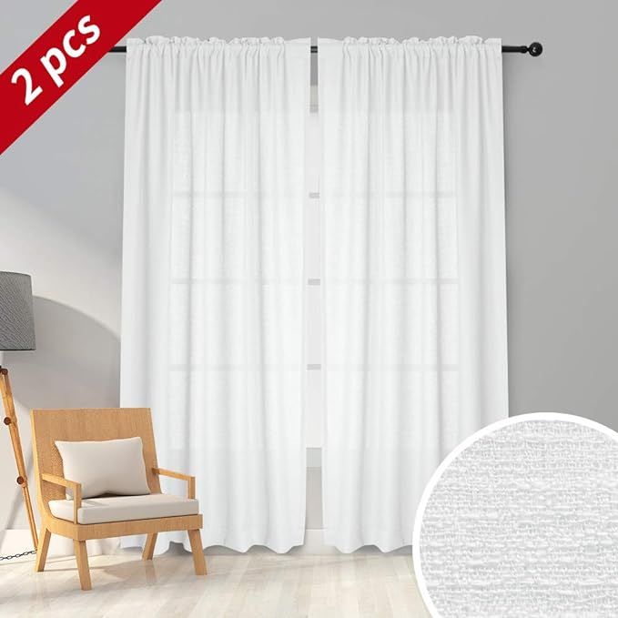 Melodieux White Semi Sheer Curtains 96 Inches Long for Living Room - Linen Look Bedroom Rod Pocke... | Amazon (US)