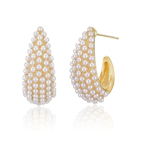 POWNOOL Pearl Hoop Earrings for Women - 18K Gold Plated Small Pearl Hoop Earrings - Lightweight Open Large Circle Round Freshwater Cultured Pearl Stud Earrings Jewelry Gift for Women - AAA+ Quality | Amazon (US)