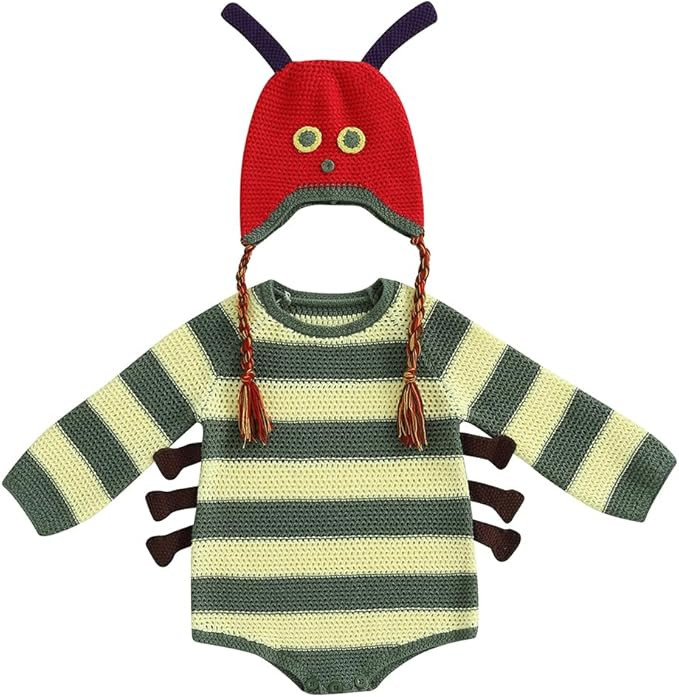 Infant Baby Boys Girls Halloween Hungry Caterpillar Costume Crochet Knit Bodysuit Romper with Hat... | Amazon (US)