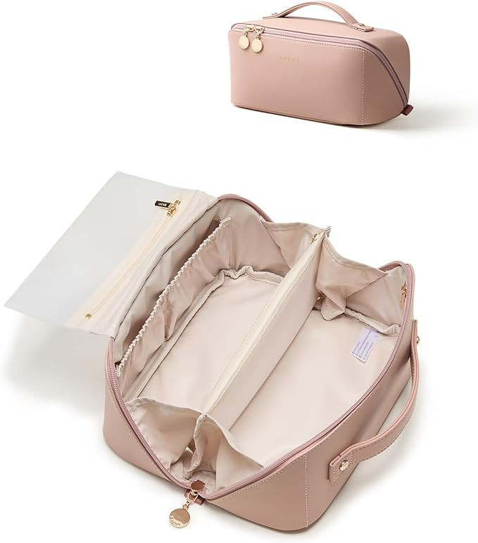 EACHY Travel Makeup Bag, Large Capacity Cosmetic Bag for Women, Waterproof PU Leather, Flat Open ... | Amazon (US)