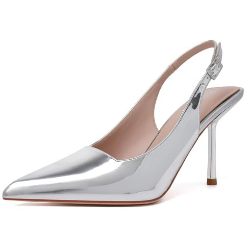 RIBONGZ Silver Wedding Bride Heels for Women Closed Toe Pointy High Heels Sexy Slingback Pumps Prom Party Evening Dressy Shoes 9 | Amazon (US)