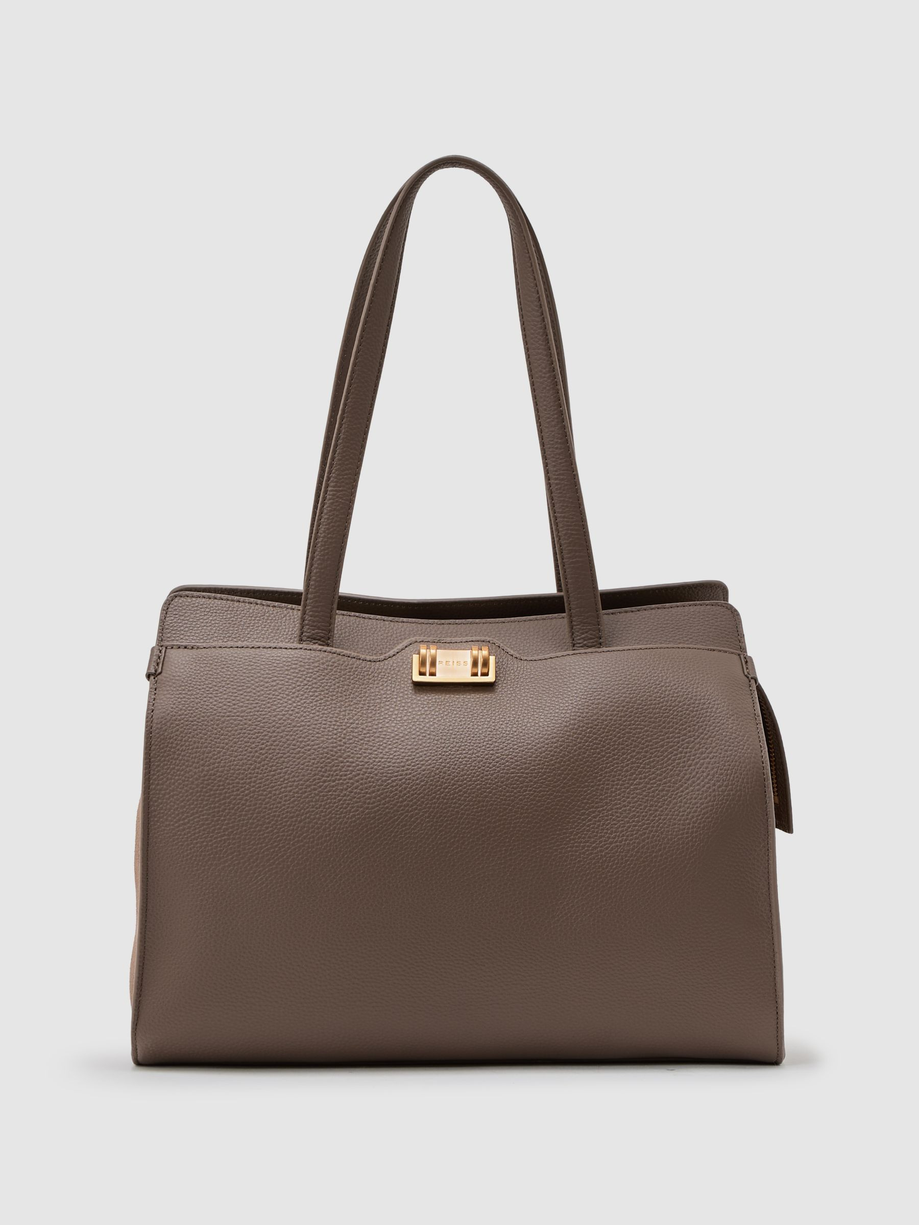 Reiss Grained Leather Tote Bag in Taupe - REISS | Reiss UK