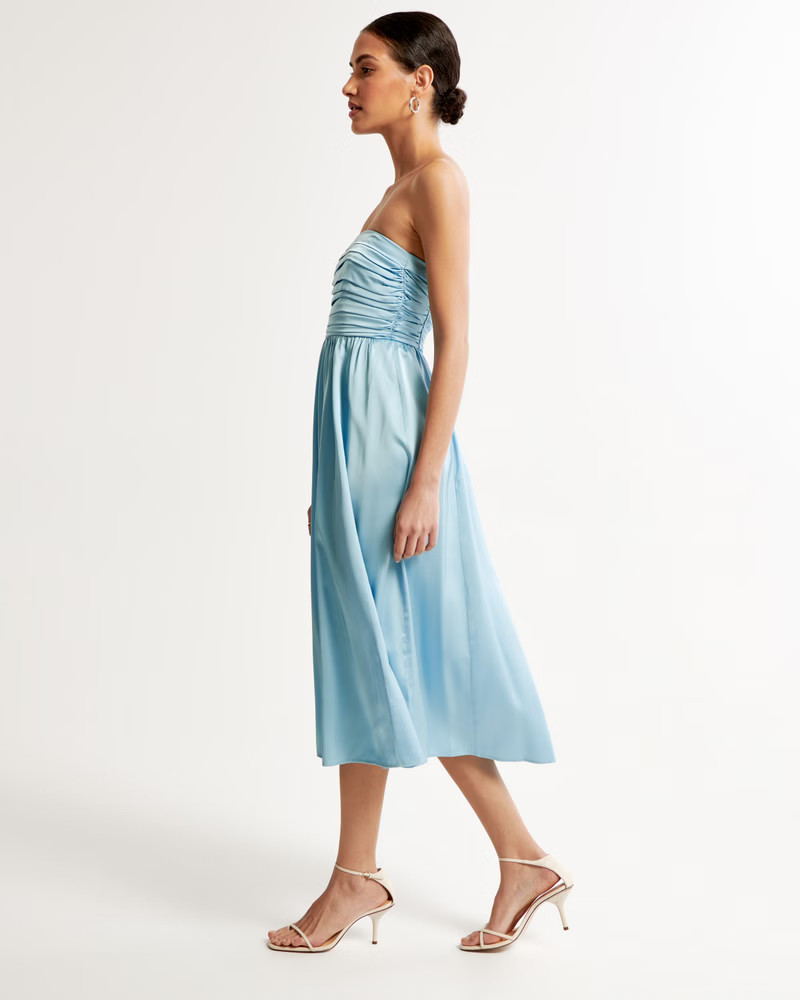 Satin Emerson Ruched Strapless Midi Dress | Abercrombie & Fitch (US)