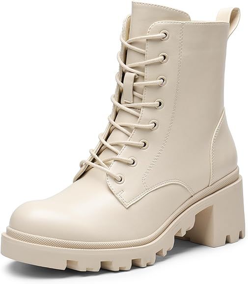 DREAM PAIRS Women's Lug Sole Combat Ankle Bootie Lace up Low Chunky Block heels Side Zipper Boots... | Amazon (US)